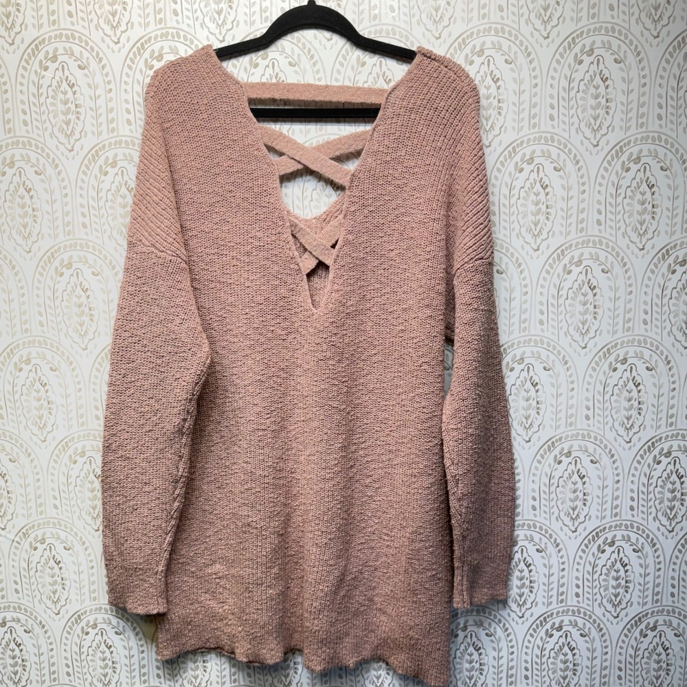 Torrid Sweater Womens 2 Pink Lattice Back V-Neck Tunic Shaker Knit Cotton Blend - Picture 2 of 6